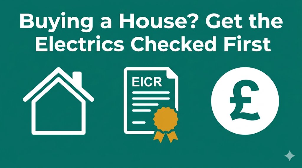 Buying a house, EICR certificate, house outline and negotiating power icons on teal background