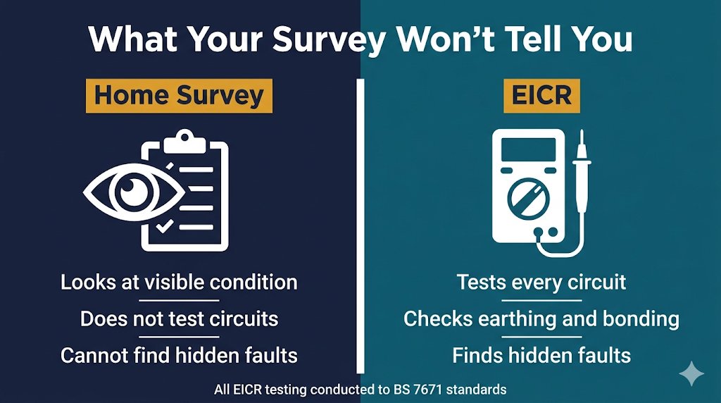 Survey vs EICR, what a surveyor sees vs what an EICR actually tests