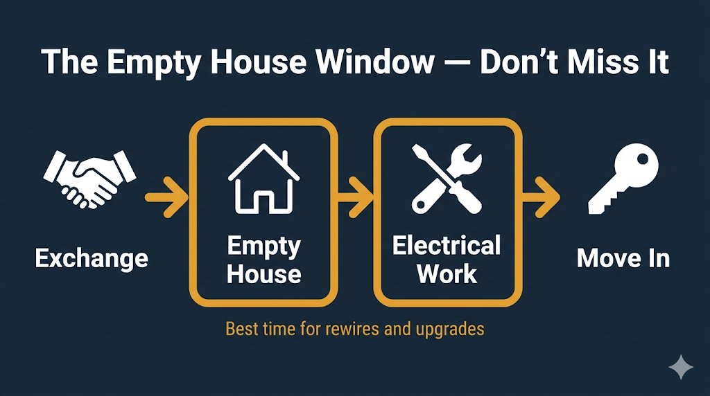 The empty house window, timeline from exchange to move-in showing the best time to get electrical work done