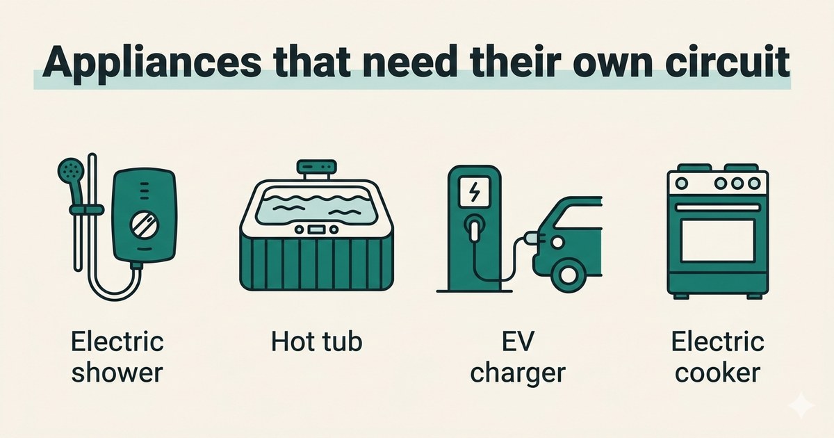 Infographic showing high-draw appliances that need dedicated circuits: electric shower, hot tub, EV charger and cooker