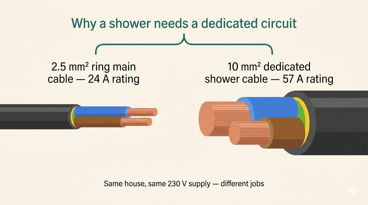 Infographic comparing cable sizes: 2.5mm ring main cable versus 10mm dedicated shower circuit cable