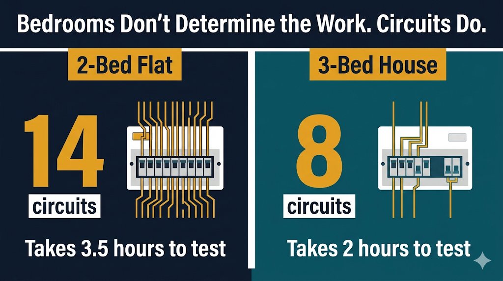 2-bed flat with 14 circuits vs 3-bed house with 8 circuits, why bedroom count is the wrong way to price an EICR