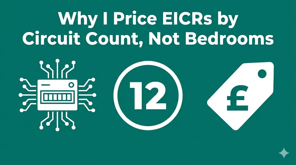 EICR pricing by circuit count not bedrooms, consumer unit with circuit lines and price transparency icons