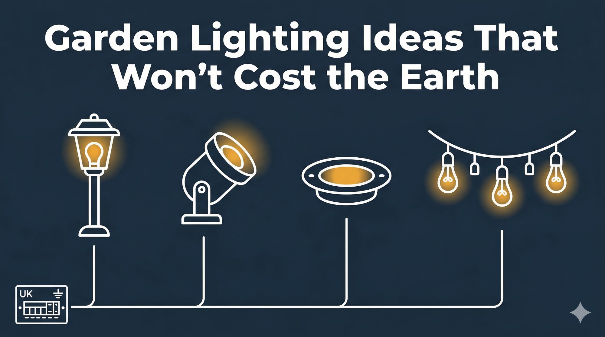 Garden lighting options, path lights, uplights, deck lights and festoon lights on dark background