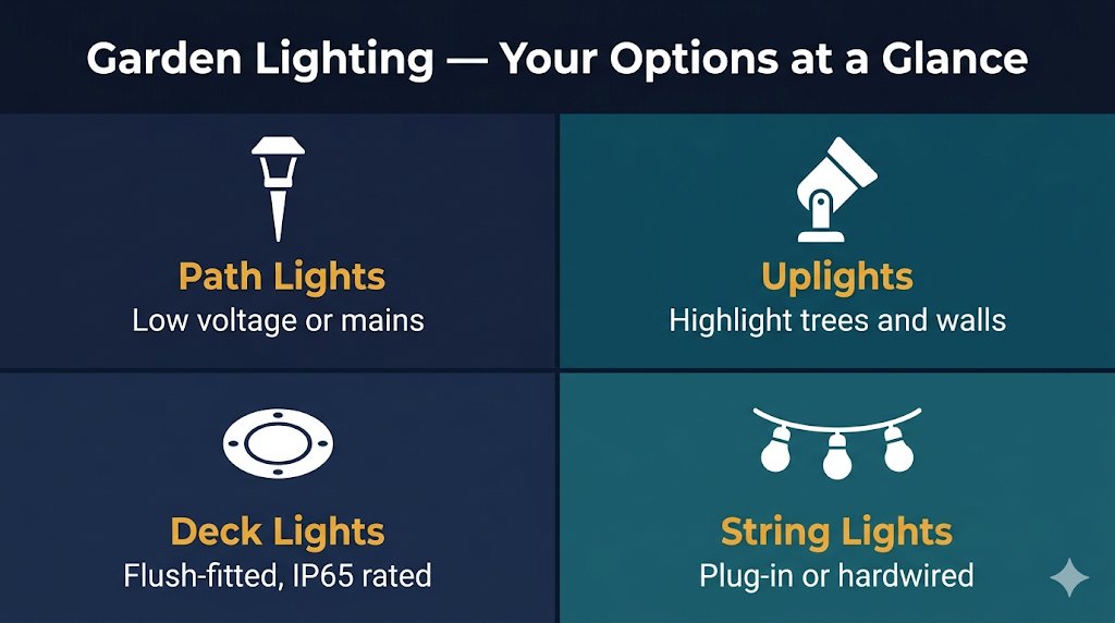 Garden lighting options at a glance, path lights, uplights, deck lights and festoon string lights