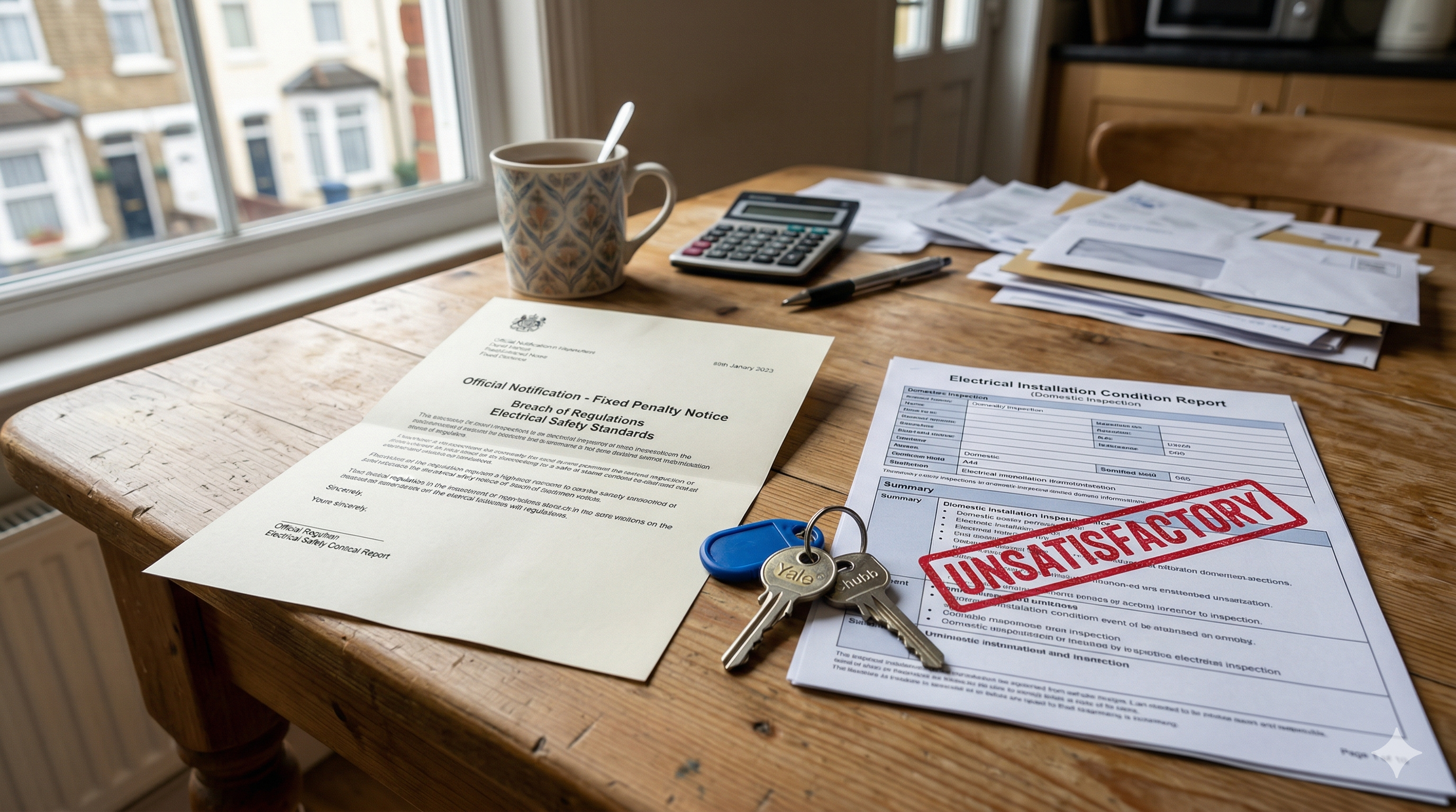 Landlord reviewing an EICR report at a rental property kitchen table
