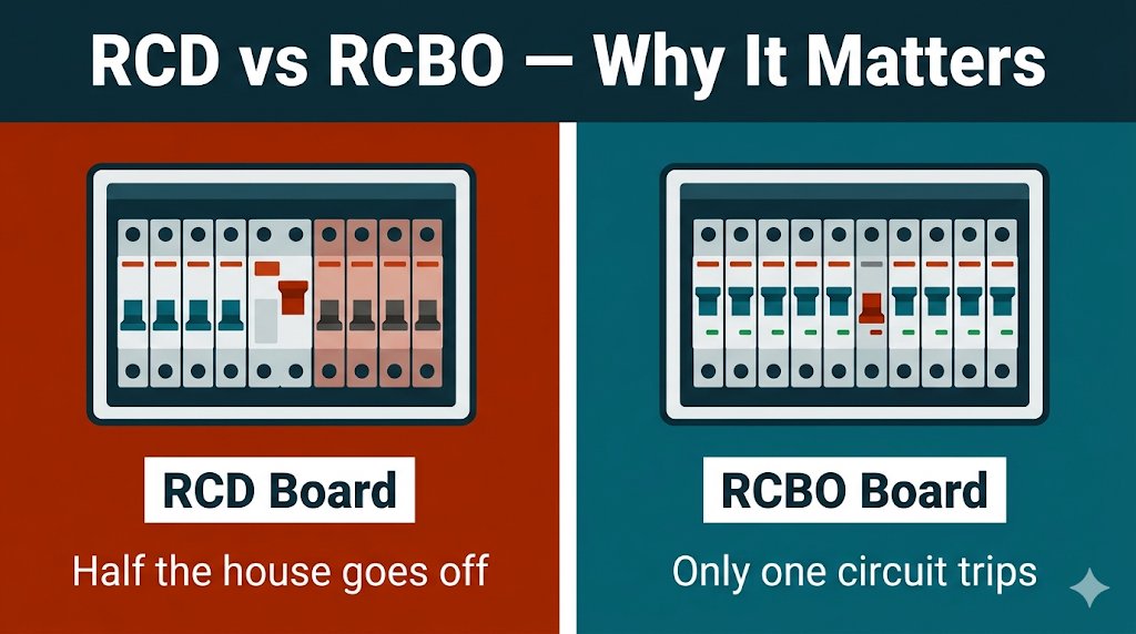 RCD board vs RCBO board, with RCD half the house loses power, with RCBO only one circuit trips
