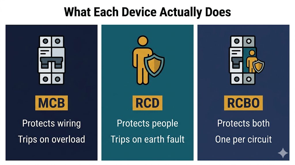 MCB vs RCD vs RCBO comparison, what each device protects against in a consumer unit