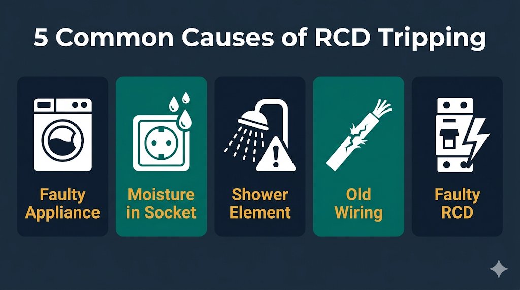 The 6 common causes of RCD tripping, faulty appliance, moisture, shower element, cumulative leakage, old wiring, faulty RCD
