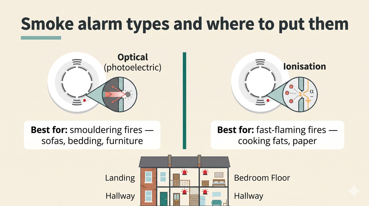 Infographic comparing ionisation and optical smoke alarms, showing detection strengths and placement recommendations