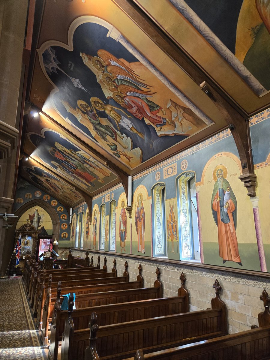 Church side aisle with new lighting, artwork colours brought to life