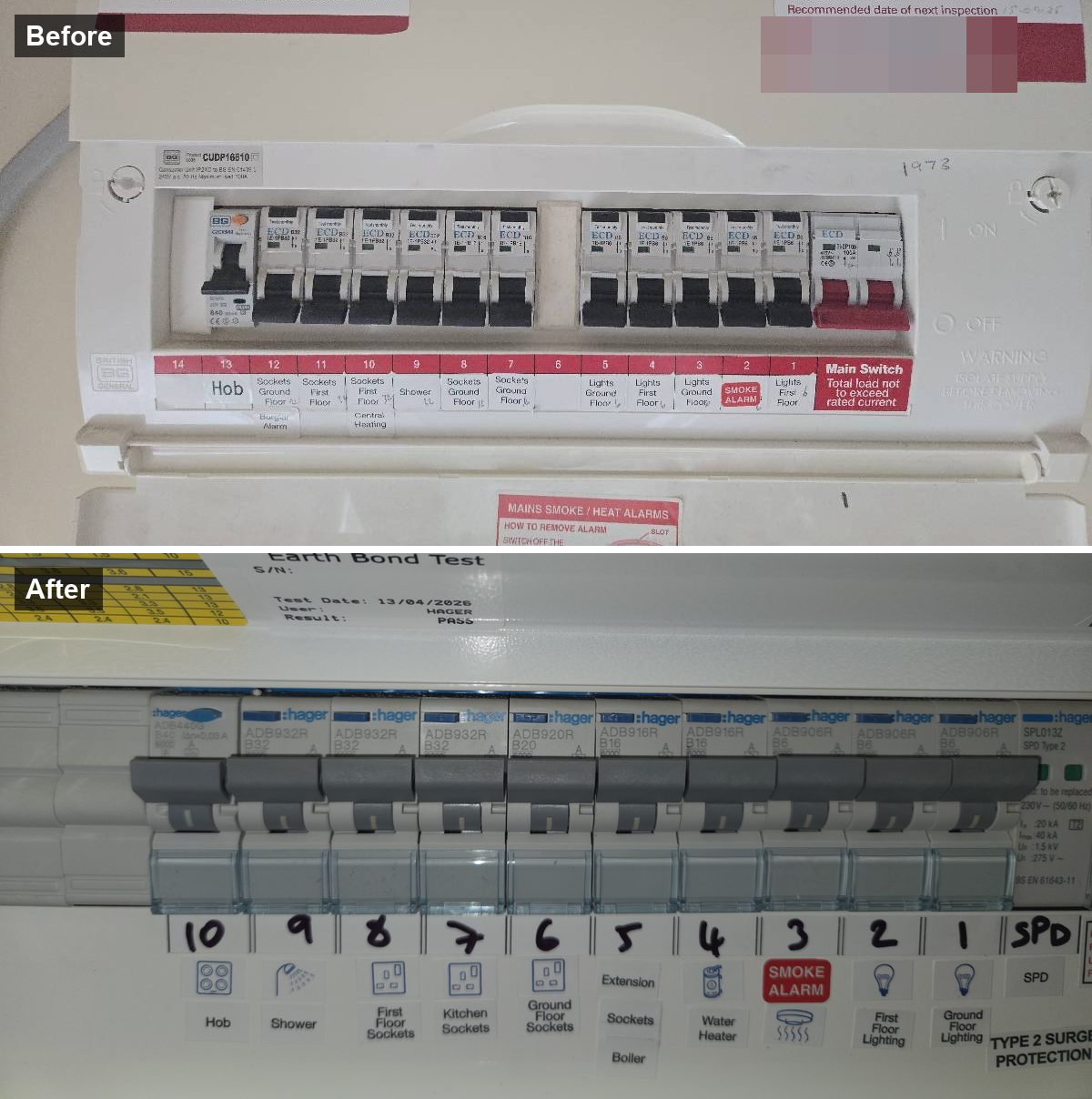 Before and after a consumer unit upgrade on the same York property. Above, the outgoing board with a shared RCD arrangement and circuits labelled in biro. Below, the Hager replacement with an RCBO on every circuit, a Type 2 surge protection device, and every way labelled with a number and a pictogram